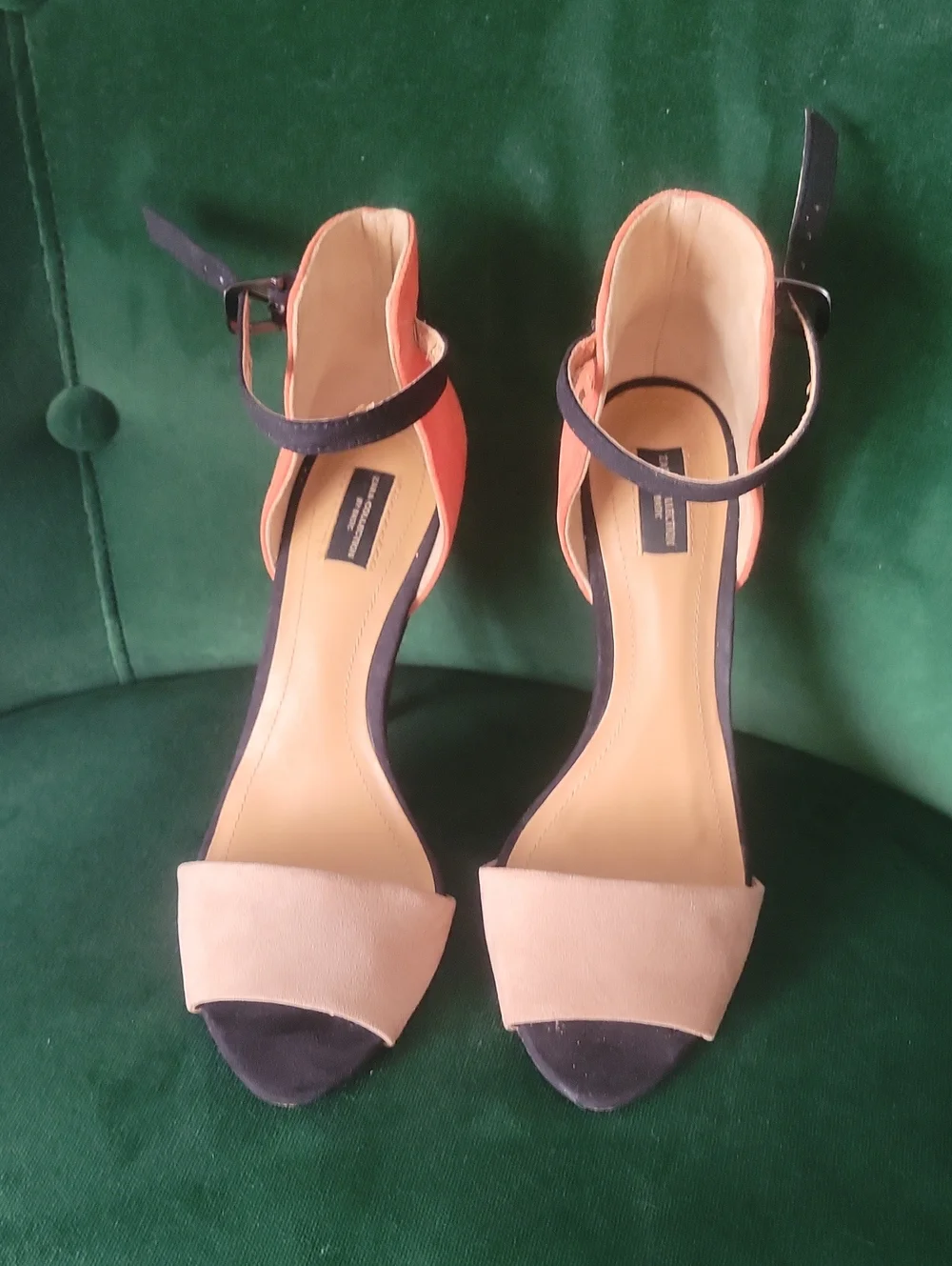 NEW Zara Colorblock Suede Ankle Strap Stiletto Heels Sandals Orange Black 37 6.5